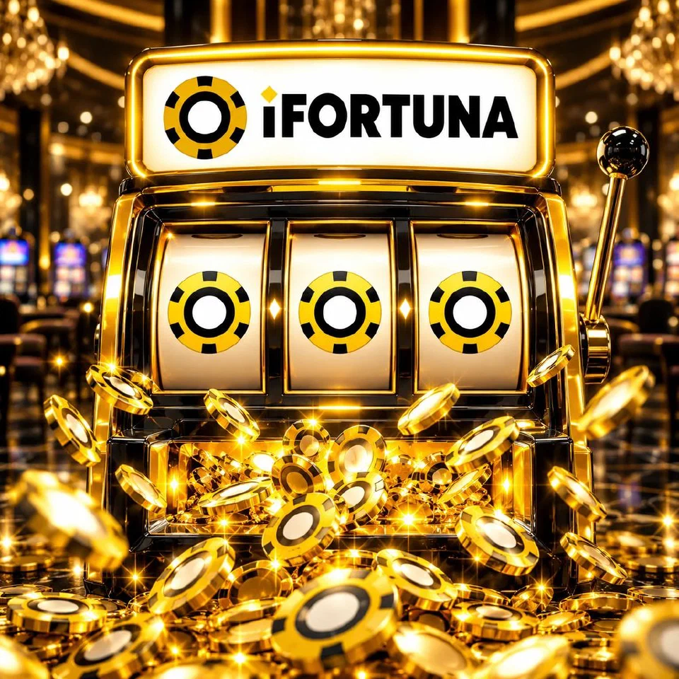 Yellow and black iFortuna slot machine bursting with gold coins and casino chips