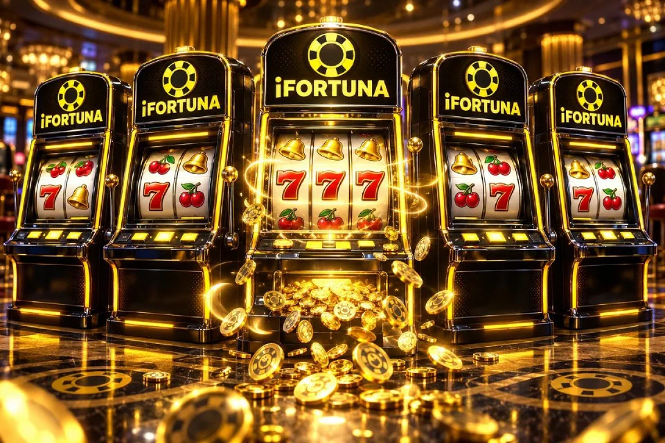 Row of yellow and black iFortuna slot machines with spinning reels